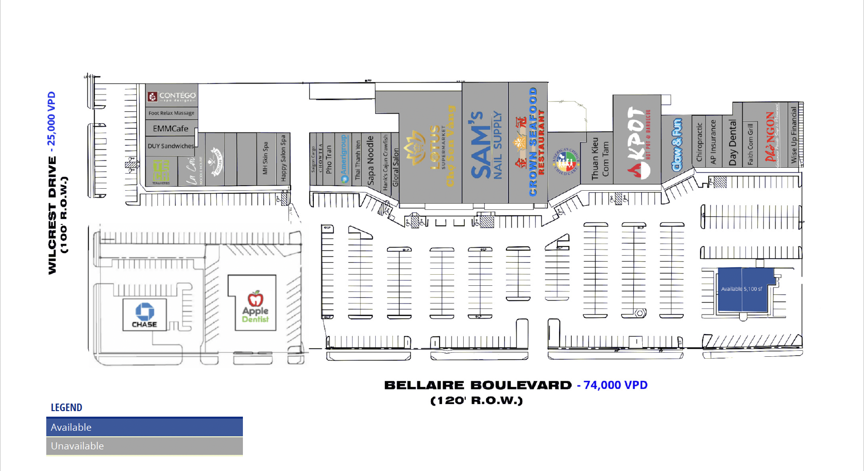 Site Plan showing available and unavailable spaces for lease.