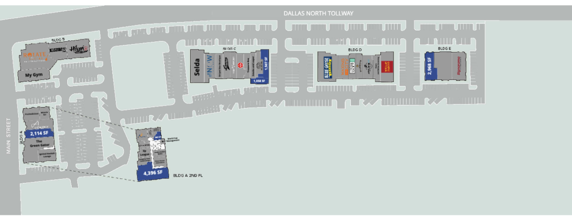 Leasing site plan of a shopping center along Dallas North Tollway and Main Street showing multiple retail buildings, parking areas, and several available suites highlighted with square footage.